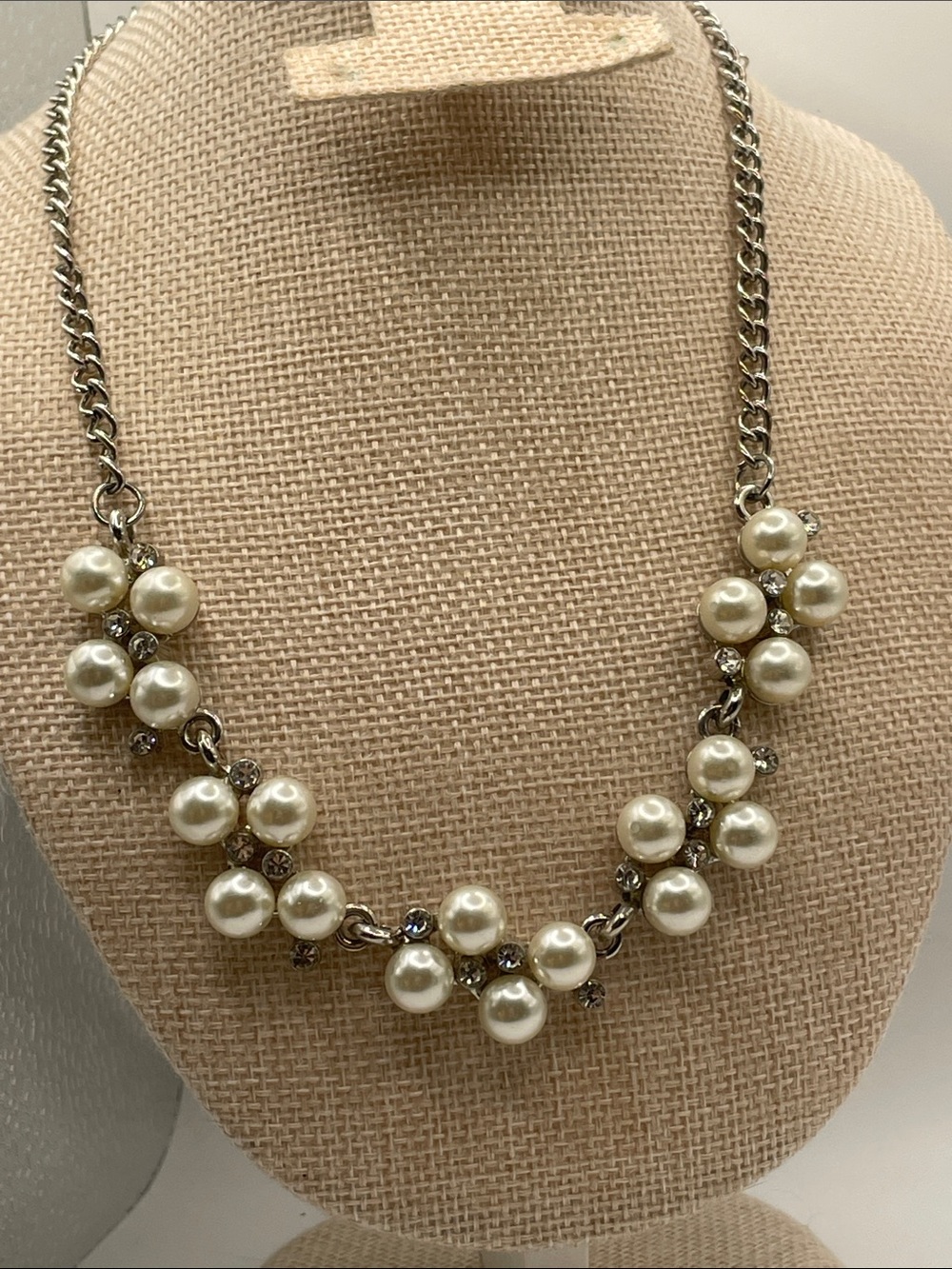 Classic Pearl Cluster Necklace - Ivory Pearls on Silver Chain 9” 3” extender